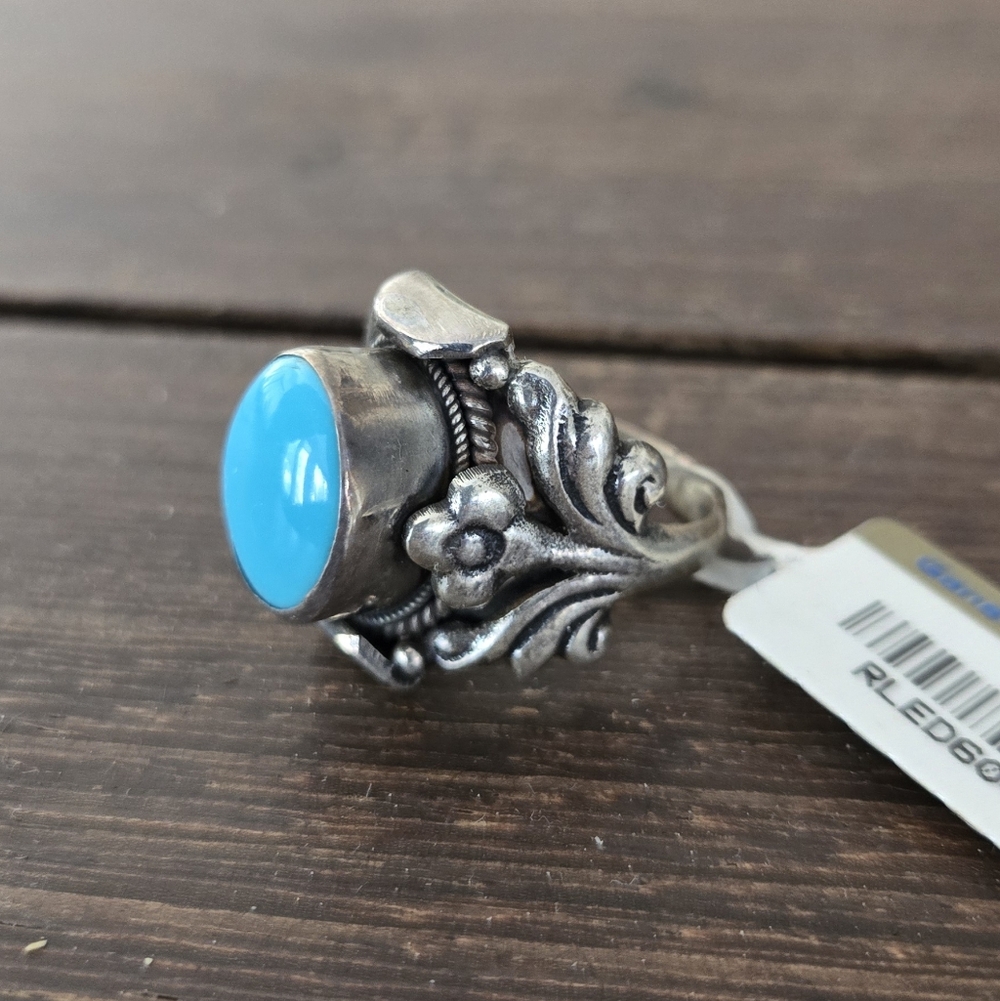 Tibetan Turquoise Sterling Silver Floral Ring - Picture 5 of 8
